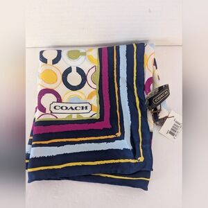 Coach Multicolor Circle & Stripe Silk Scarf in Navy, Yellow, Pink